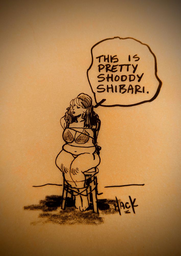 Pen sketch of a woman haphazardly tied to a chair. She's saying: 