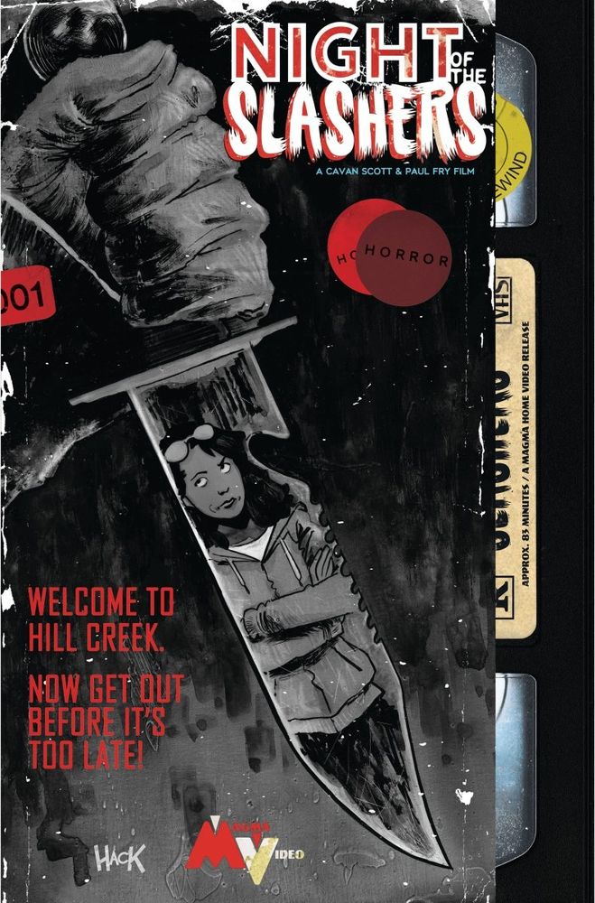 The cover of the horror comic Night of the Slashers. It is on the style of a VHS rental box.