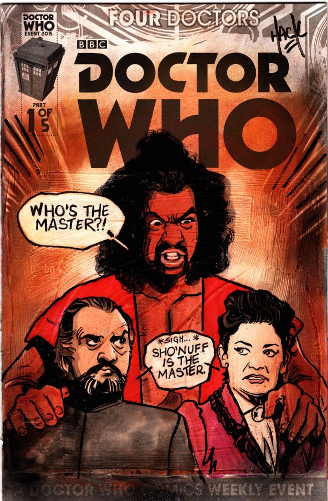 Painting of Sho'Nuff, from Berry Gordy's The Last Dragon looming over two versions of The Master from Doctor Who.
Sno'Nuff makes them concede that HE is the Master.
