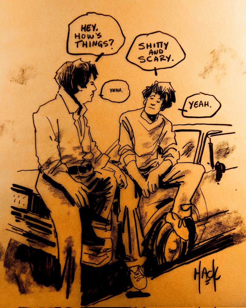 Loose pen sketch of two guys sitting on the roof of a car, lamenting that things are shitty and scary.