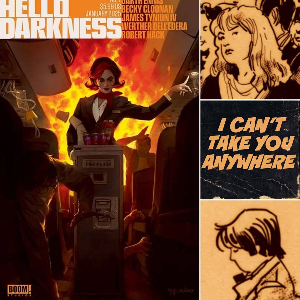 The cover of Hello Darkness #7 and two cropped faces from my cartoons that appear in the issue. Cover art is a painting by Miguel Mercado, of a flight attendant dispensing snacks with a smile amidst the chaos of the cabin being filled with fire and death.