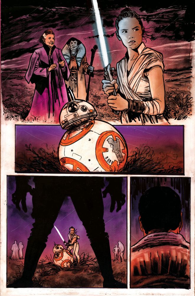 A page from the Tales from the Nightlands comic. Rey and BB8 approach Finn, who is standing, facing away. 