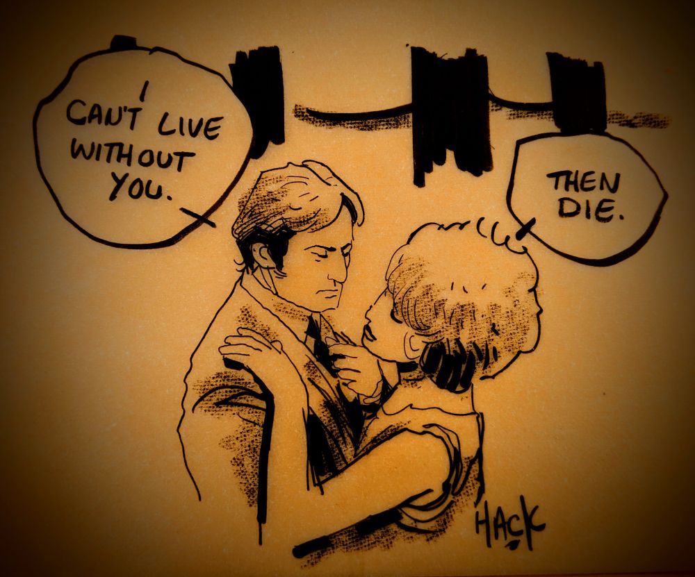 Pen sketch of a couple in an embrace he says 