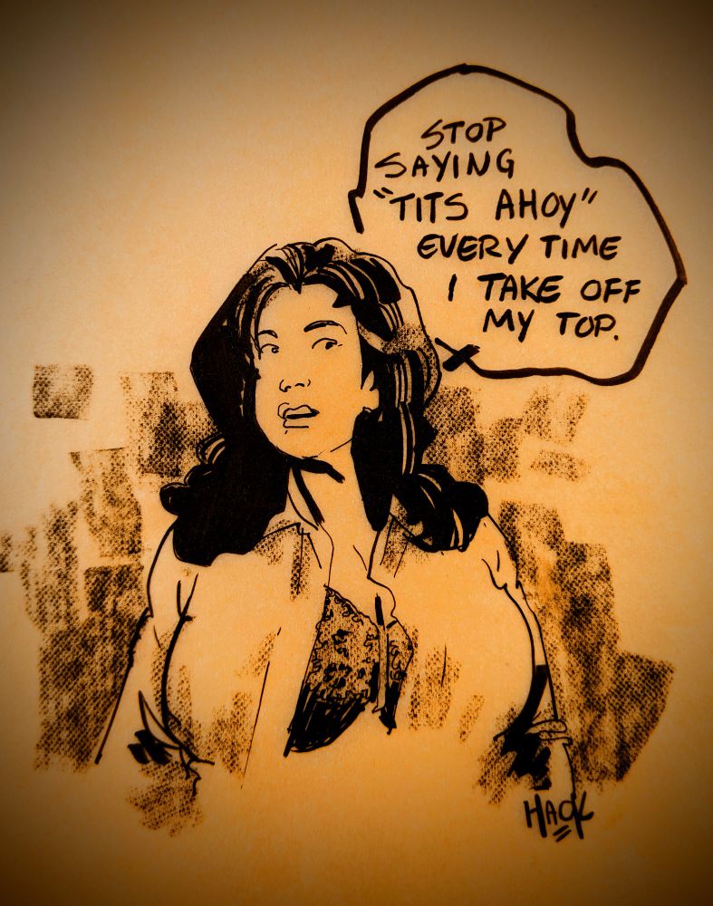 Sketch of a woman with a partially open shirt. She says 