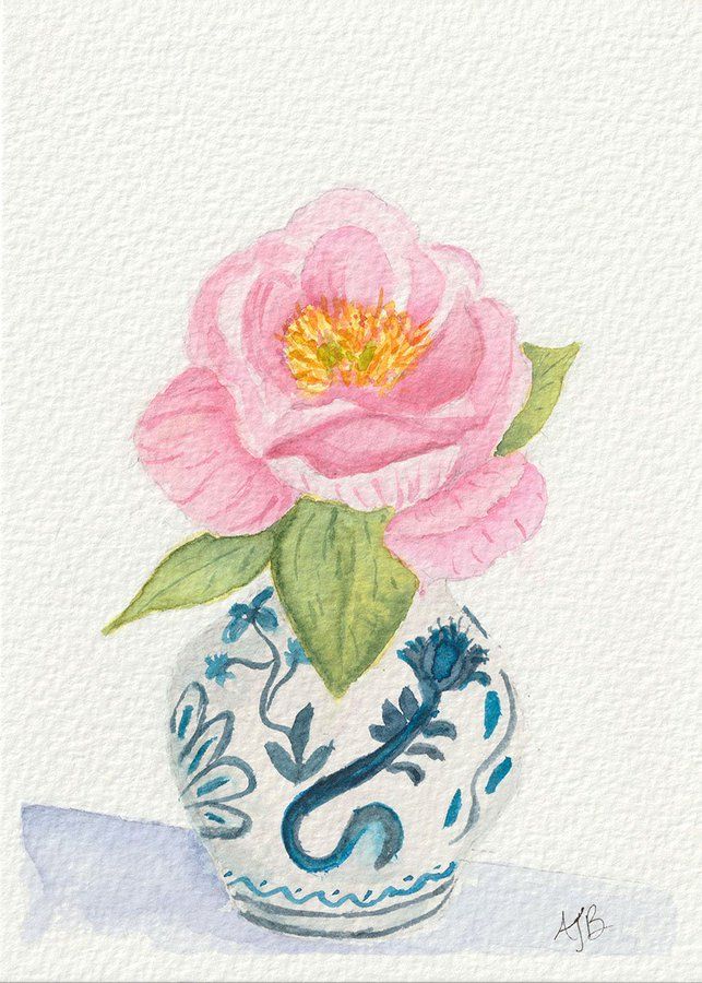 watercolor painting of a pink peony flower in a blue-and-white vase