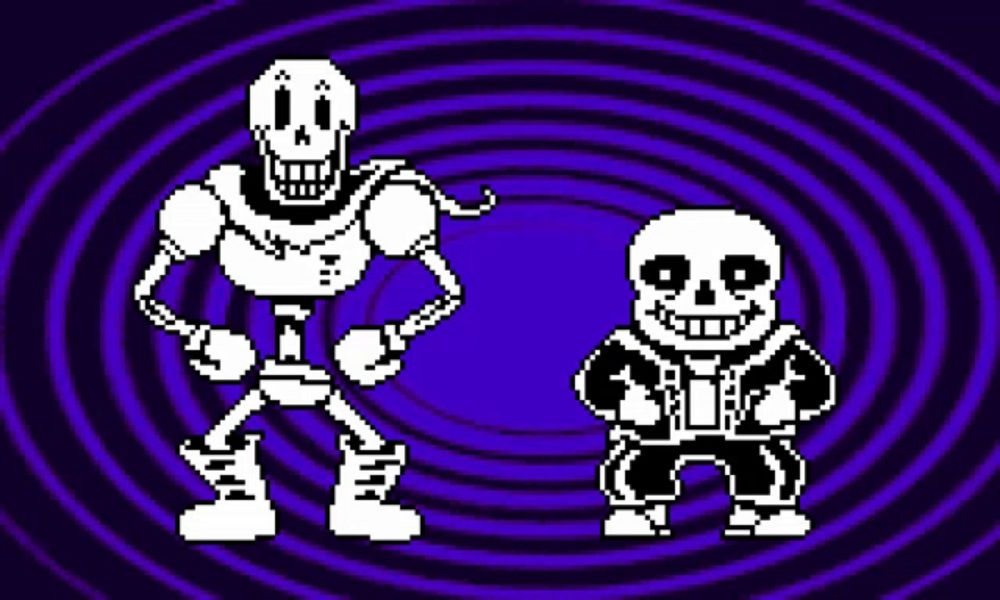 papyrus and sans from undertale are dancing together in a pixel art .