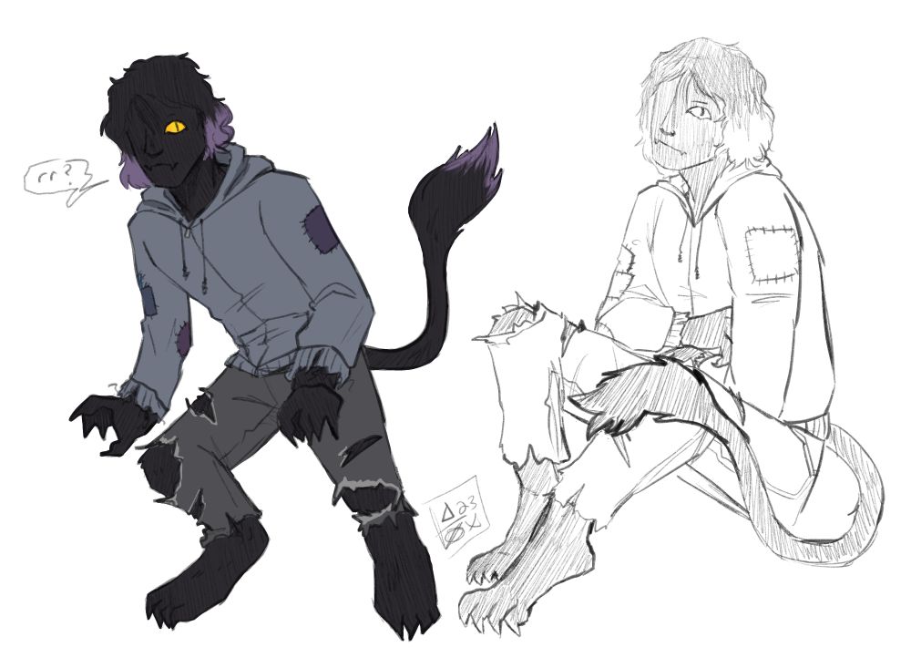 Two more full body drawings of Ares. The one on the left is colored, and depicts Ares partially hunched over in a ready position, with an inquisitive expression. A speech bubble with the text "rr?" is coming from it. The drawing on the right is a black and white sketch of Ares sitting down, arms and tail wrapped around itself.