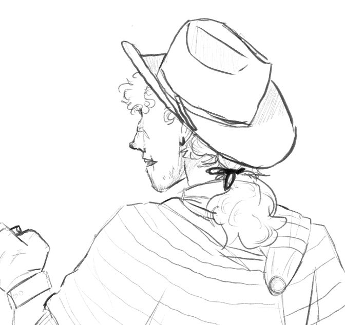 An unfinished sketch of Figaro, facing away from the camera so that only the edge of his face is seen. He appears to be talking to someone.