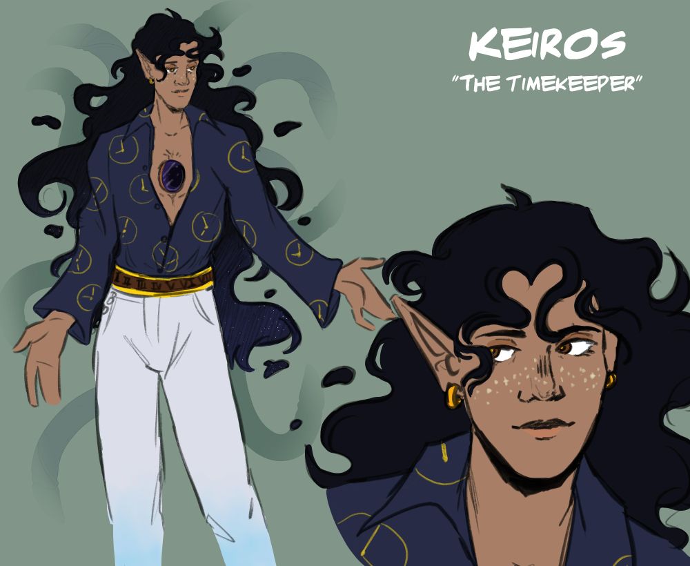 An illustrated character sheet featuring two drawings. The first is of a tall, tan skinned masculine figure, with long ethereal black hair, pointed ears, and loose eccentric clothing. They have a hole in their chest filled with some sort of purple goo. The second is of this same figure from the shoulders up, with a focus on their face. They have white, star-like freckles and brown eyes with gold flecks. Text in the top right corner reads "Keiros - The Timekeeper"