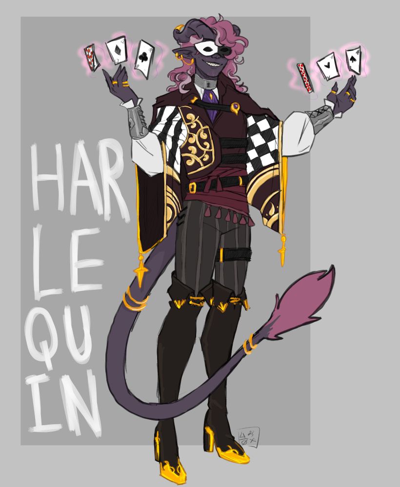 A full-body reference sheet of Harlequin, a masked fae with the appearance of a tiefling. Vae wear a complicated, multi-layered dark red outfit with gold detailing and black and white checkerboard and striped patterning. Vae are facing the camera with a confident grin, holding both hands up casually and making a collection of playing cards float with a magical effect.