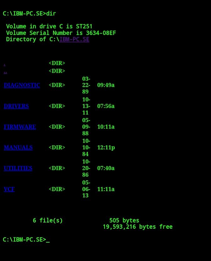 A website with the appearance of a console directory, linking to Diagnostic, Drivers, Firmware, Manuals, Utilities, and VCE. Each link is timestamped to various dates in 1984, 86, 88, 89, and 2013.