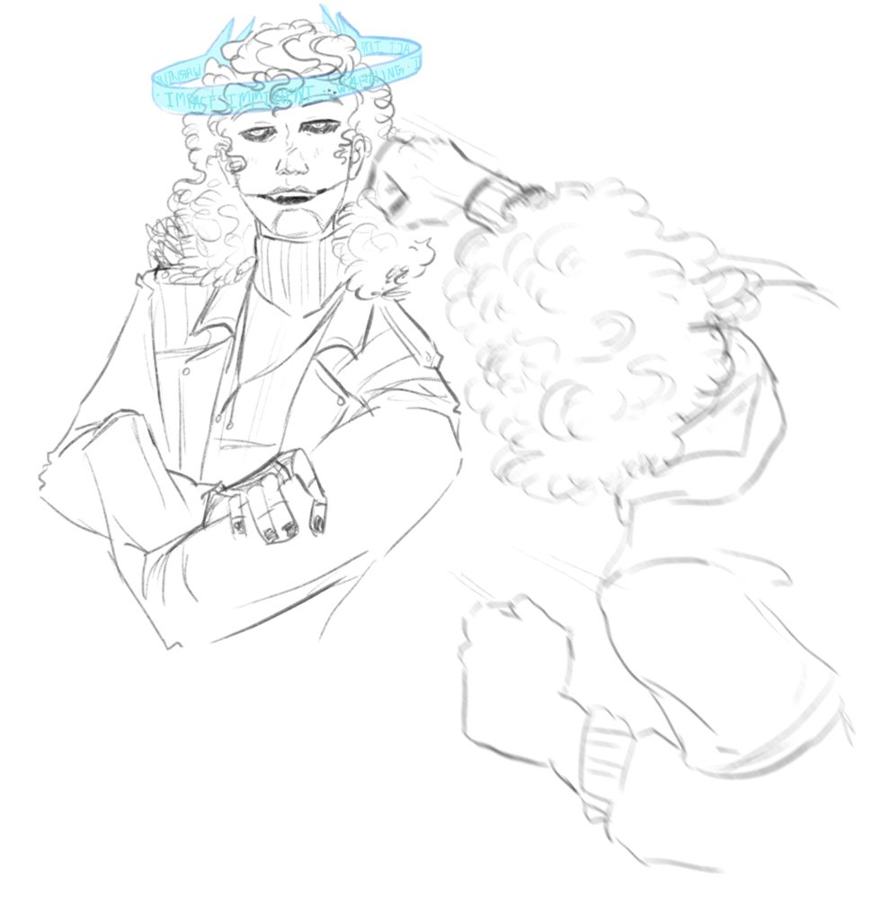 A digital sketch of Mind and Heart from Chonny's Charming Chaos Compendium. Mind has his arms crossed and is looking smug. Heart, a man with curly hair and a loose hoodie, is blurred, his fist seconds away from punching Mind directly in the face. Mind appears unaware, and the holographic display above him reads "Impact imminent".