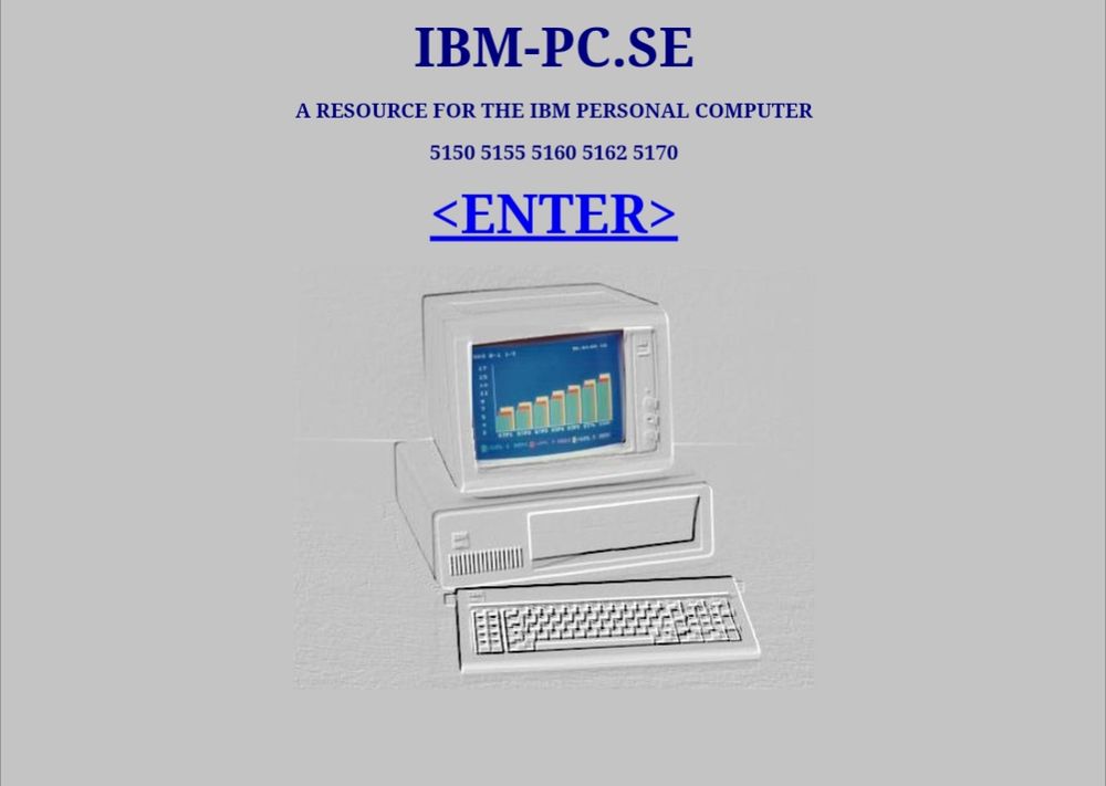 A screenshot of a simple website. Text reads "IBM-PC.SE", "A resource for the IBM personal computer", "5150 5155 5160 5162 5170". There is a blue link reading "<ENTER>" above a faded graphic of an IBM PC.