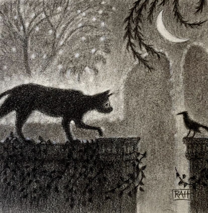 In the foreground a black cat in profile creeps tentatively along an ivy-covered wall and approaches a blackbird perched on the edge of an opposing wall. They both face each other across the divide.  Is the cat hunting or simply curious about the feathered creature? The bird is unafraid and stands its ground. What will happen next? 

An enchanting and atmospheric night scene lit by a crescent moon which is framed by flowing leaves. 
A topiary hedge and a tree are in the background. Rendered in charcoal with white chalk highlights. 