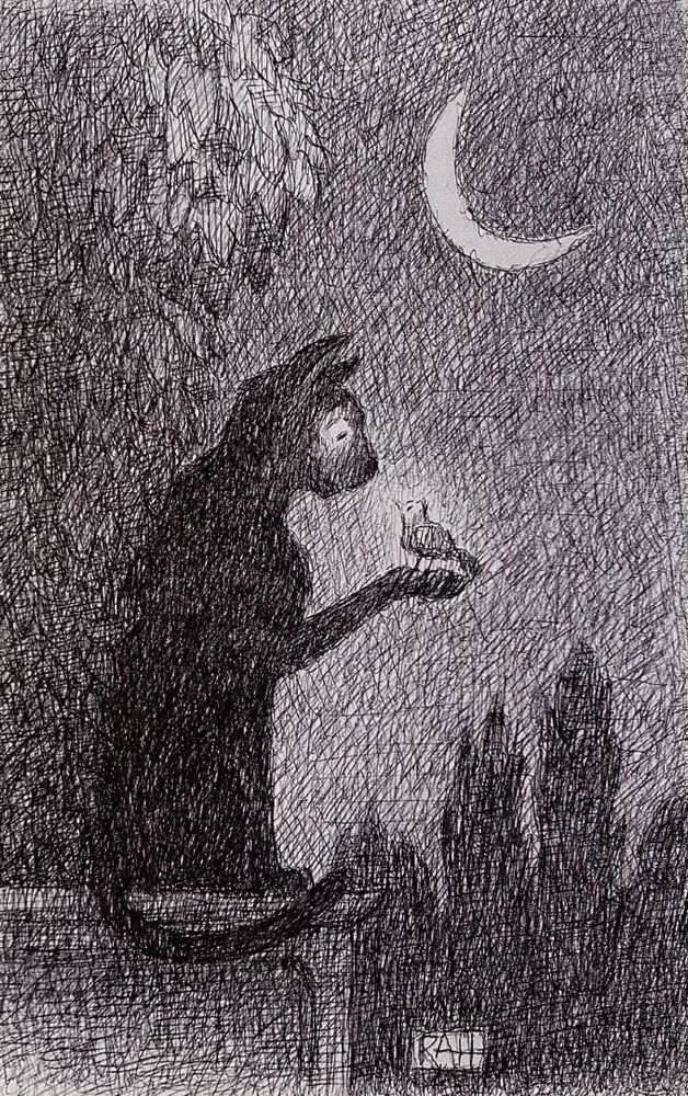 It’s nighttime and the crescent moon is out. A black cat sits in profile atop a classical plinth next to a leafy hedge. A paw is raised and in it stands a small cute bird, looking up at the cat. The cat is smiling in delight at it’s new found friend. In the background is a row of tall cypress trees. Rendered in dip pen & ink. 