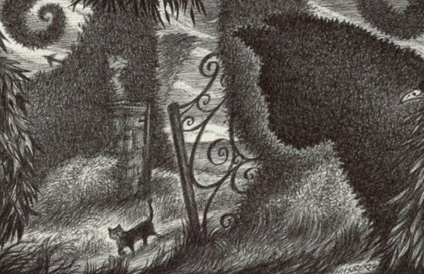 This drawing is a sequel to “The Forgotten Gardens” where we have a very curious cat who has wandered into an abandoned, seemingly derelict old English garden - a garden that appears to be haunted and more than a little spooky. As the cat carefully tiptoes through overgrown weeds and grasses it can't shake the feeling of being constantly watched - but by whom…..or what? The looming topiary in the foreground, shaped like a giant cat, seems particularly interested, but that can't be...right?

I've always loved old ornate ironwork, weathered gates, gardens left to their own devices, strange topiary...and all things eccentric.
And of course cats. Moody and atmospheric settings are hugely engrossing to draw - much more so than bright sunny days when everything's so very unmysterious (ho hum). This was based on a vague, fleeting image that darted through my mind whilst drowsily listening to Erik Satie's
'Gnossiennes'.