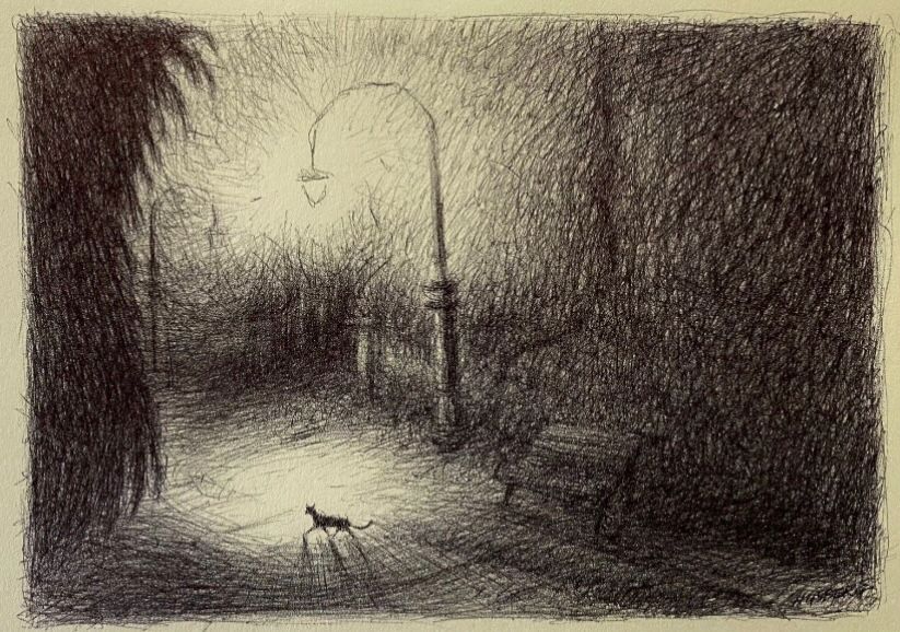 A lone black cat wandering in a lonely old European park very late at night. The cat is emerging from the dark in the foreground into a circle of light cast by a tall curved lamppost in the mid-ground. The cat is casting long shadows, as is the ornate bench next to the lamppost. In the distance is a second lamppost leading into a dim pathway further into the park. In the left foreground is a dark, drooping tree. 

This piece was rendered in black ballpoint pen on crème-coloured paper. 