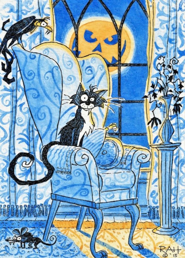 This pictures Fang, a snaggletoothed tuxedo cat at home with a couple of loyal, yet creepy friends (or should I say ‘fiends’?). A claw-toothed raven is perched on Fang’s wingbacked chair whilst a fanged rat is stationed on the carpet. A dead plant resides in a vase to the right. A full moon shines through the gothic window. This particular moon however, is a giant grinning pumpkin! It’s all quite eerie, yet in a sinisterly gleeful way, suitable for year-round viewing. Drawn in dip pen & ink with a symphony of blue & orange watercolour washes. 