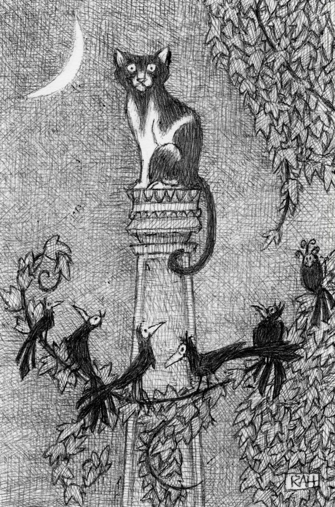 It is nighttime and a tuxedo cat sits atop a classical column. He is surrounded by flowing vines upon which sit an assortment of curious, attentive blackbirds. Are they sharing neighborhood gossip? Perhaps, as the cat looks quite surprised by what he’s heard. Is this a nightly occurrence or does everyone gather just when something important has happened? 

This is a one-of-kind, original black ballpoint pen drawing. 