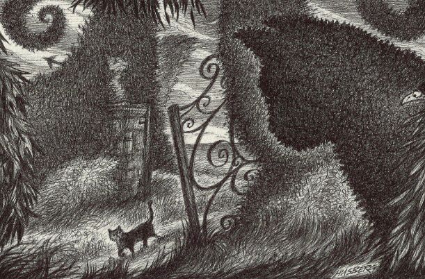 This drawing is a sequel to “The Forgotten Gardens” where we have a very curious cat who has wandered into an abandoned, seemingly derelict old English garden - a garden that appears to be haunted and more than a little spooky. As the cat carefully tiptoes through overgrown weeds and grasses it can't shake the feeling of being constantly watched - but by whom…..or what? The looming topiary in the foreground, shaped like a giant cat, seems particularly interested, but that can't be...right?

I've always loved old ornate ironwork, weathered gates, gardens left to their own devices, strange topiary...and all things eccentric.
And of course cats. Moody and atmospheric settings are hugely engrossing to draw - much more so than bright sunny days when everything's so very unmysterious (ho hum). This was based on a vague, fleeting image that darted through my mind whilst drowsily listening to Erik Satie's
'Gnossiennes'.