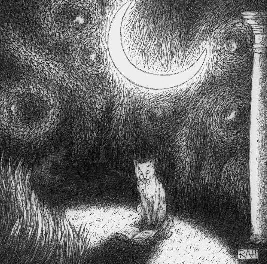 “Within a Galaxy of Leaves”
Available as an original ink drawing and as a giclée art print. 

In a clearing, a noble white cat sits mesmerized by the open volume at her feet. Is it a favourite book revisited or something new? She reads by the generous light of the crescent moon which has kindly lowered itself from the night sky to provide illumination. The scene is framed by swaying grasses in the foreground and a mysterious white column. 

Behind her is a curtain of flowing, swirling leaves forming constellations of churning galaxies a la Van Gogh. Below the leaves, in the background, a shadowy figure lurks. 

Is all this actually happening or is it the dreamlike imaginings of the cat as she reads her book? 
