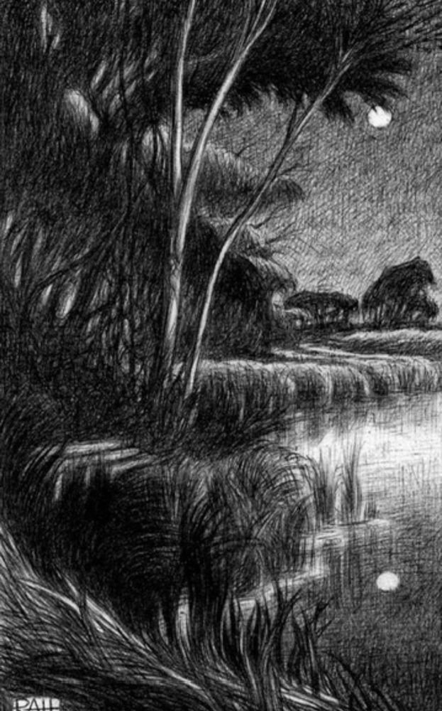 A peaceful nighttime saunter alongside a moonlit lake. Inspired by the music of Claude Debussy, specifically “Les Parfums de la Nuit”. Rendered in black ballpoint pen. 