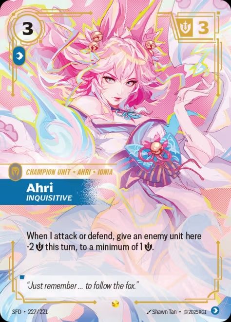the alternate art version of the Riftbound card Ahri Inquisitive from Spiritforged, the upcoming set releasing in the US in February 2026. the art features the named kitsune dressed in bright pastels reminiscent of the Trans pride flag.