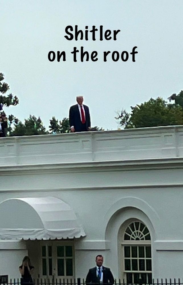Trump standing on the roof of the White House with text that says “Shitler on the roof”
