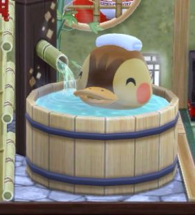 molly the duck from animal crossing relaxing in an ofuro (japanese wooden hot tub), submerged to her neck with a rolled-up warm towel on her head. a bamboo pipe is pouring more hot water into the tub. 