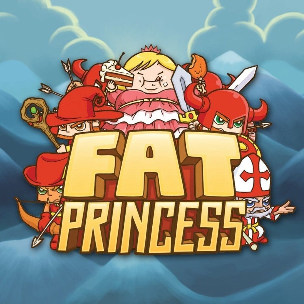 The Fat Princess logo, in which the princess is eating cake surrounded by protective knights. The title is written beneath her 