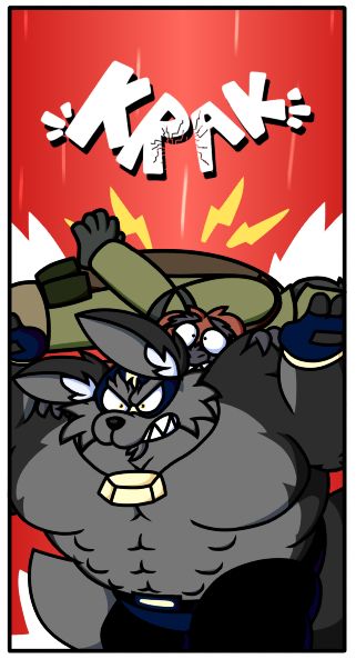 Lunalobo performing a back breaker on a member of the military, with a big "KRAK" onomatopoeia. The Skunk Ape is also on his back, looking scared.