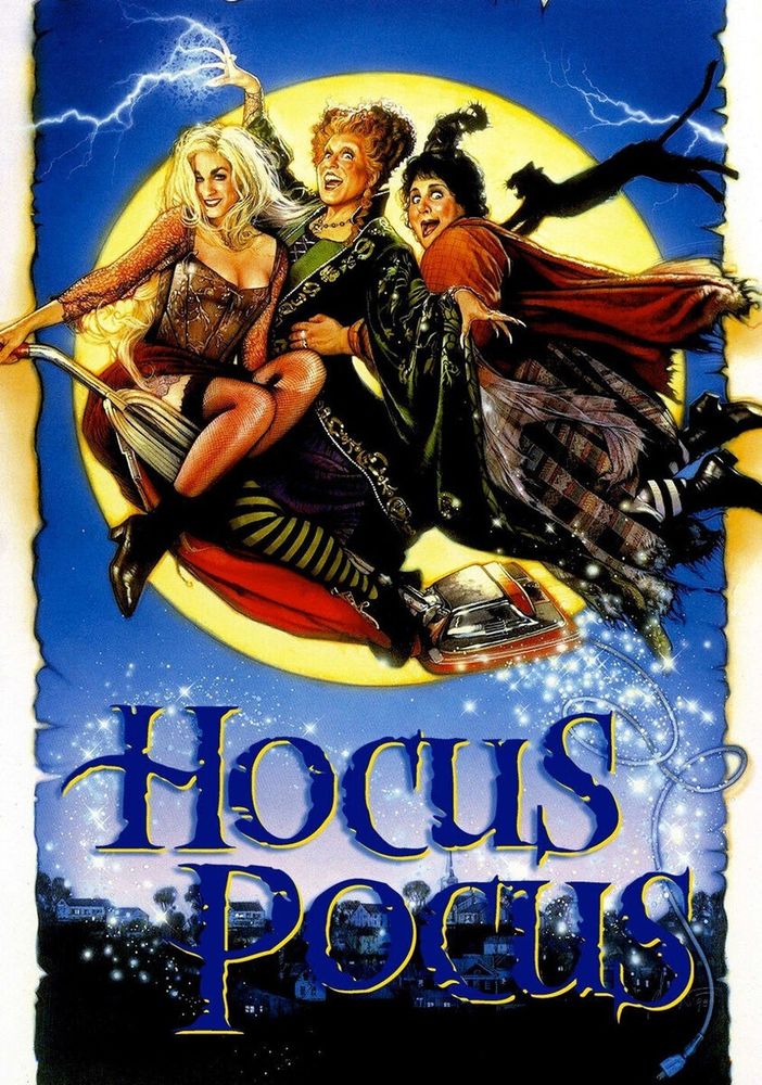 Hocus Pocus movie poster featuring the Sanderson Sisters flying in front of a full moon on brooms 