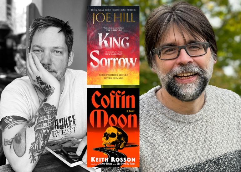 Keith Rosson & Joe Hill with their books Coffin Moon & King Sorrow in middle panels