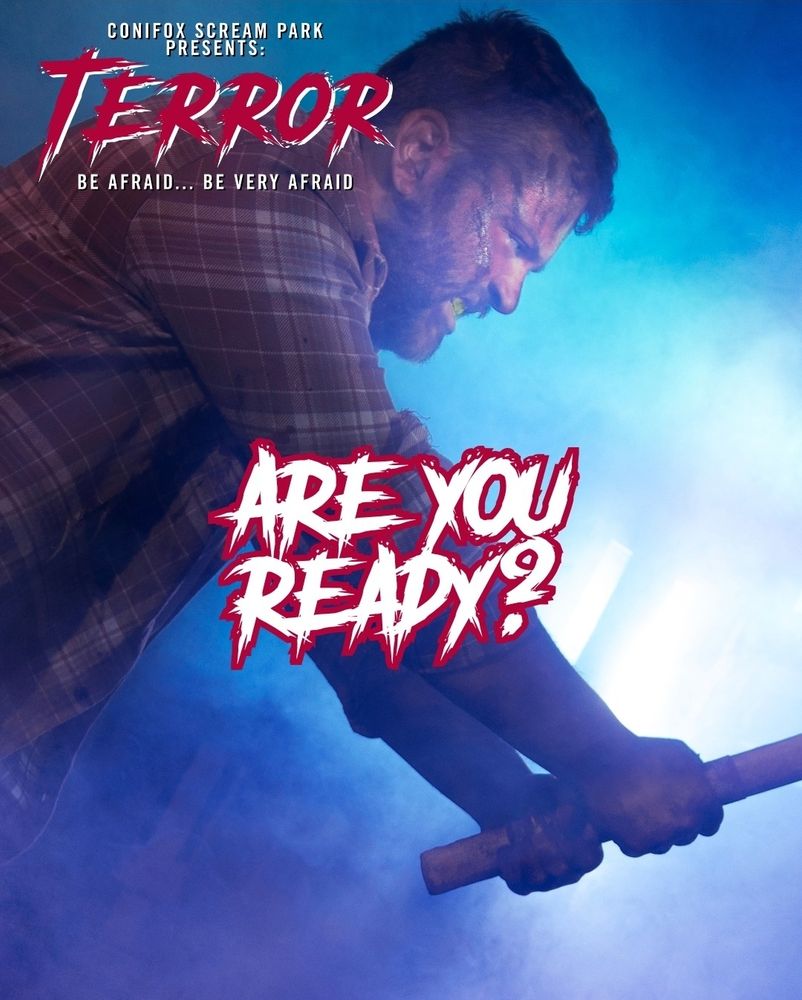 Conifox Terror scare park poster featuring a man brandishing an axe