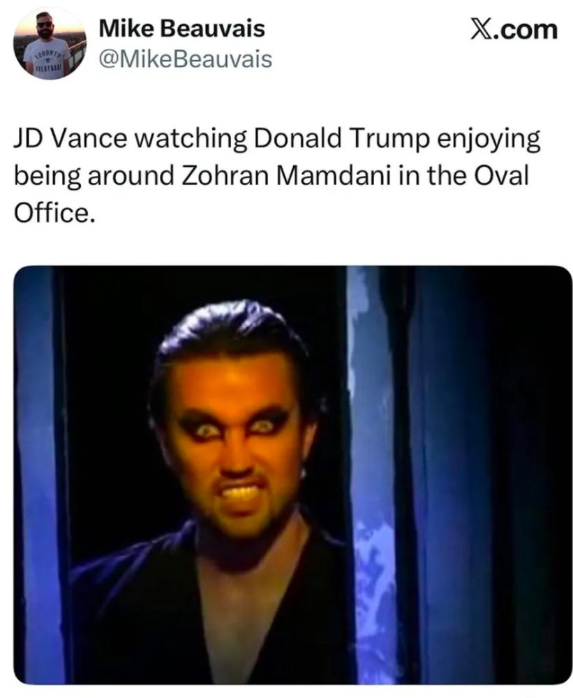 Jade Vance watching Donald trump enjoying being around zohran mamdani in the oval office followed by an image from the nightmare cometh from its always sunny in Philadelphia  of mac with heavy eyeliner
