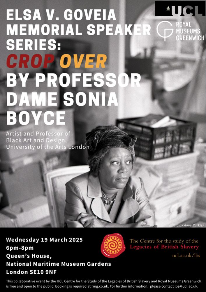 Black and white poster featuring a Black woman sat down in the centre. The event is the Elsa Vl Goveia Memorial Speaker Series with a talk called Crop Over by Professor Dame Sonia Boyce.