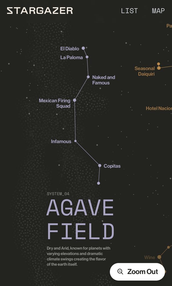 Map of the agave field constellation listing cocktails. 