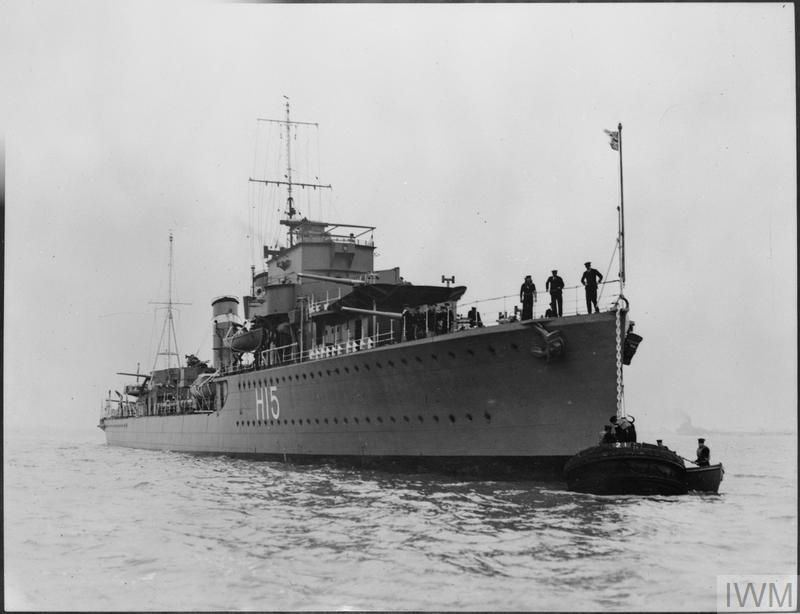 Prewar image of HMS Esk 📷 IWM FL 10196 (Front 3/4 view of a destroyer moored to a buoy, her guns trained to starboard. She carries the number ‘H 15’)