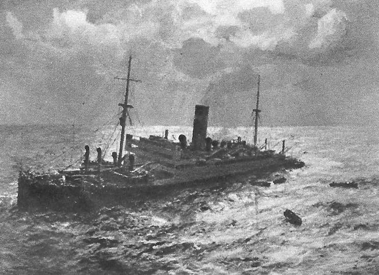 Painting of Athenia sinking by W.J. Burgess. 📷 telegraph.co.uk (Artwork depicting a single funneled passenger ship settling by the stern on a sea illuminated by moonlight, with lifeboats leaving the vessel)