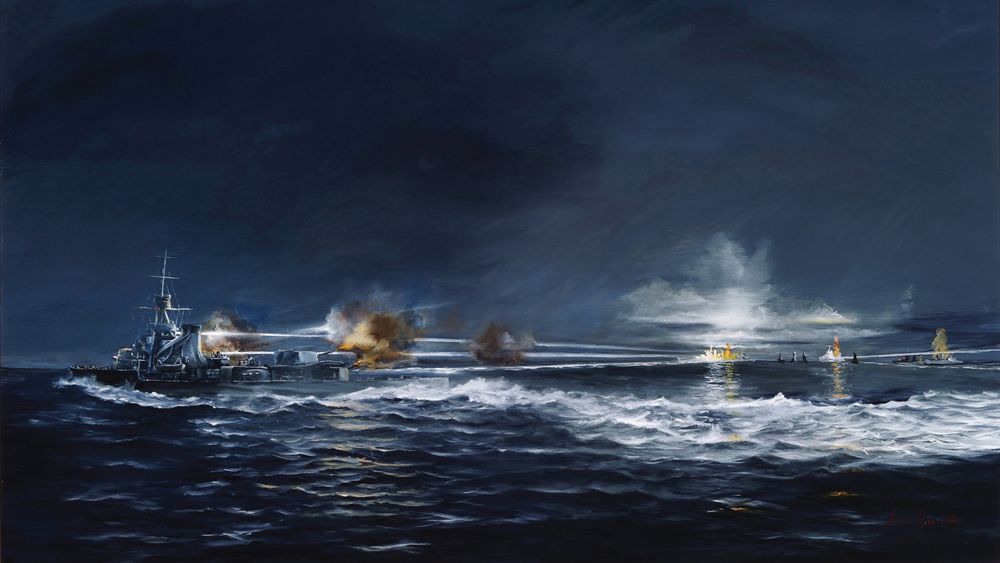 ‘Battle of Savo Island’ by John Hamilton.
📷 U.S. Naval Institute collection

(Artwork depicting two cruisers using searchlights to illuminate opposing warships and fire upon them)