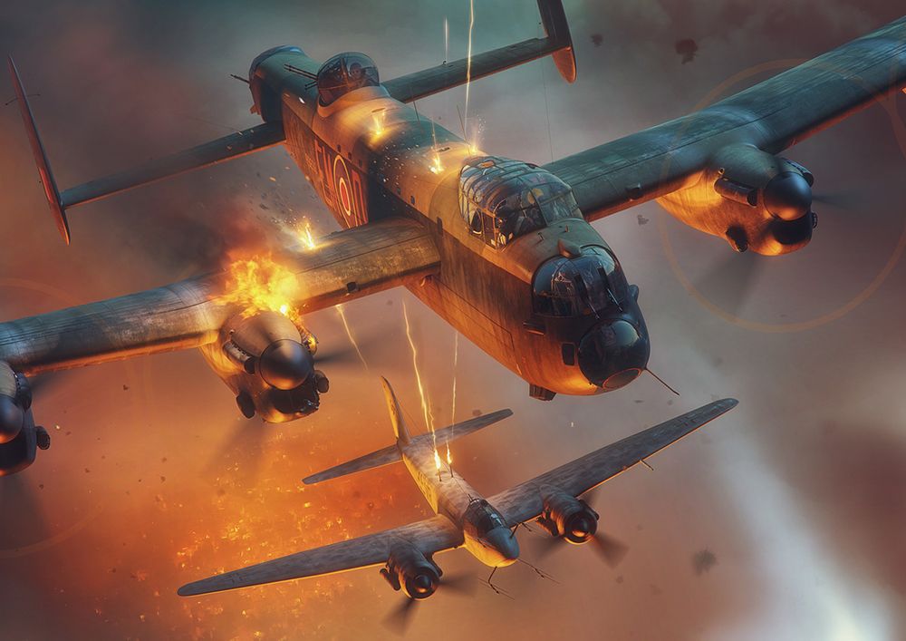 RAF Lancaster bomber, on fire, under attack from a Luftwaffe Junkers 88 night fighter using two upward-firing guns.