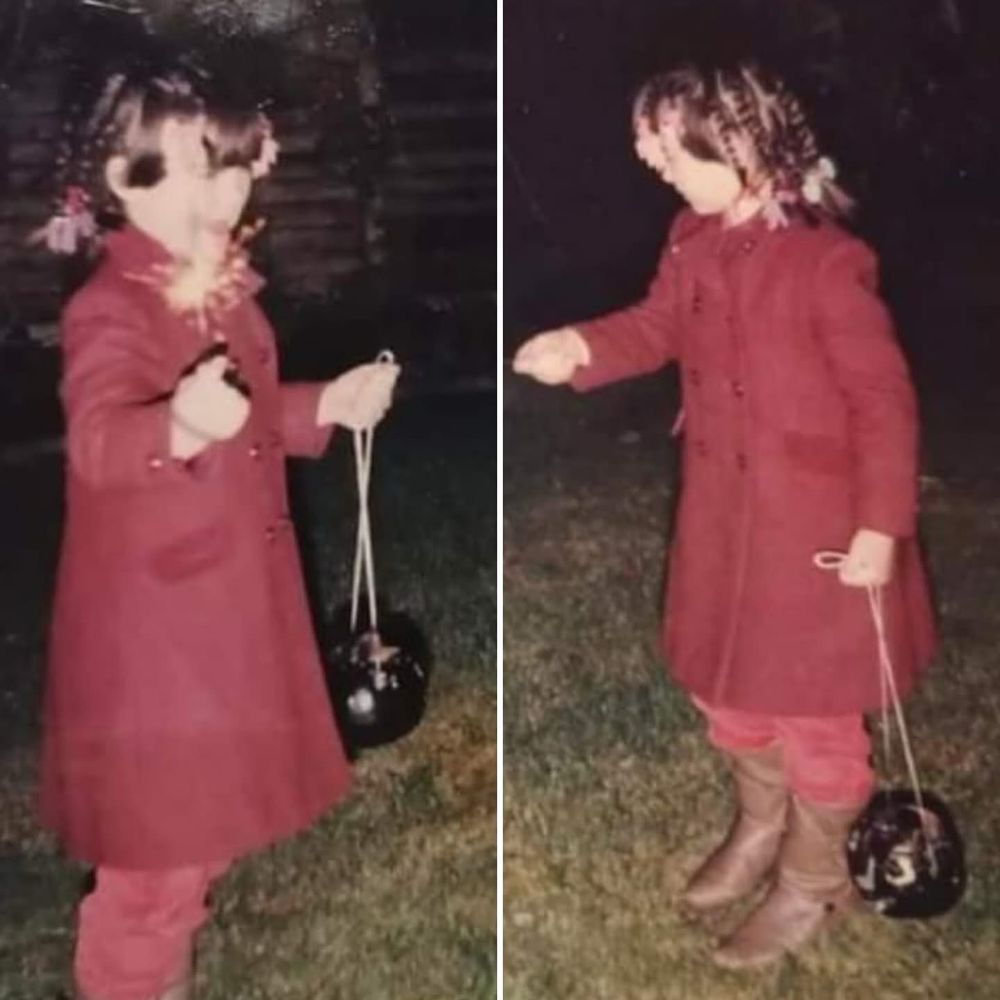 Childhood Amanda carrying a turnip lantern and a sparkler 