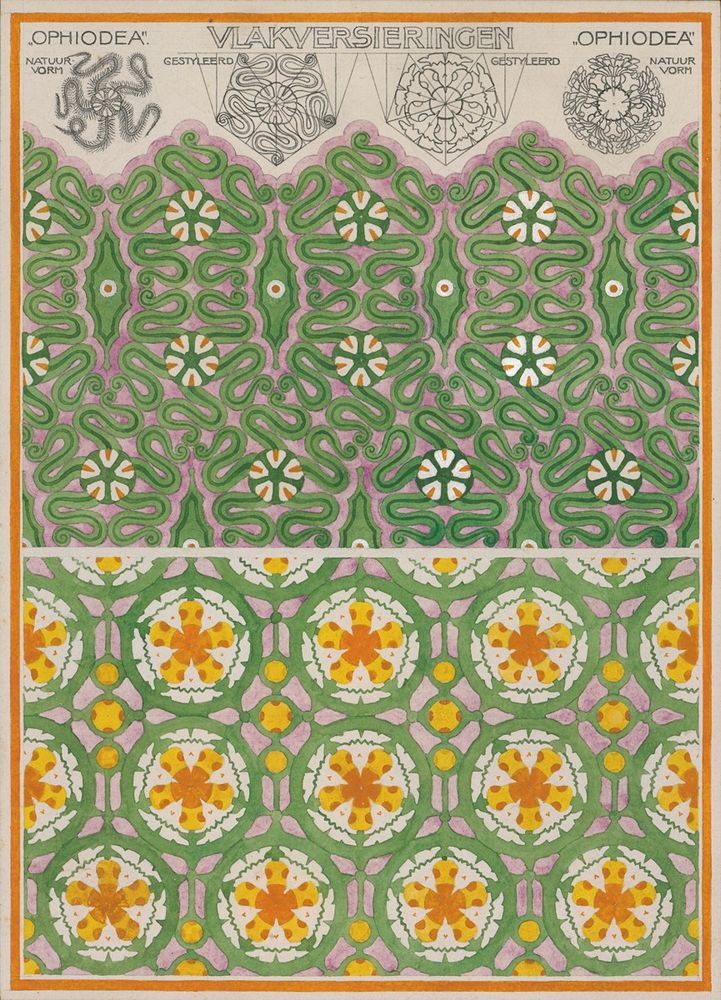 A colorful pattern in bright greens pinks and yellows mimicking a Haeckel biological drawing.