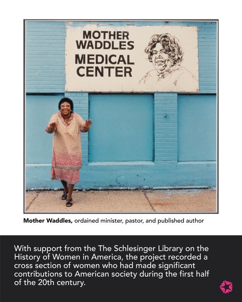 Mother Waddles, ordained minister, pastor, and published author, smiling mid-dance below a sign for Mother Waddles Medical Center.
