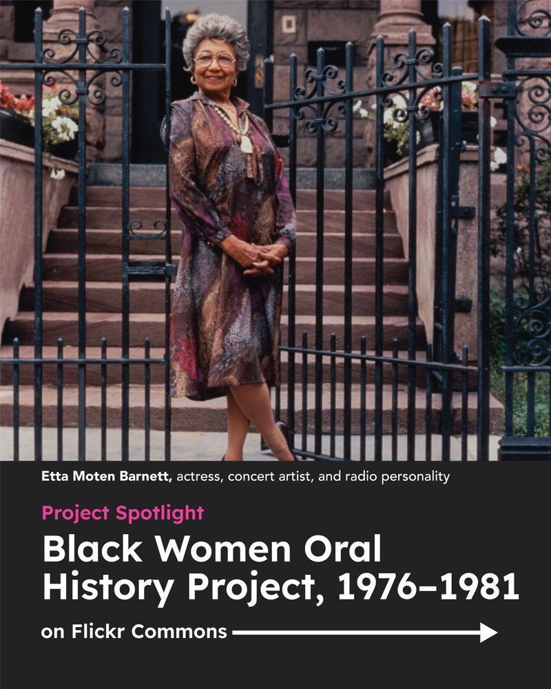Etta Moten Barnett, actress, concert artist, and radio personality, smiling and leaning against and open iron gate in front of a stone building.

Transcript: Project Spotlight. Black Women Oral History Project, 1976-1981 on Flickr Commons