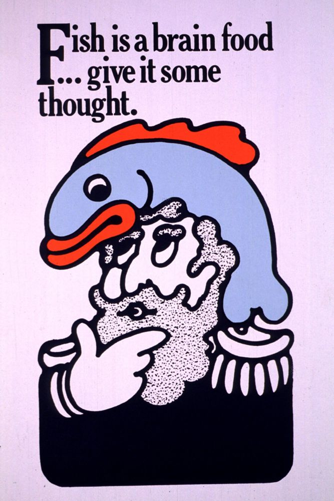 poster shows a drawing of a man in uniform, either military or a sea captain, with a light blue and orange fish on his head. He has his hand to his chin as if pondering an idea.