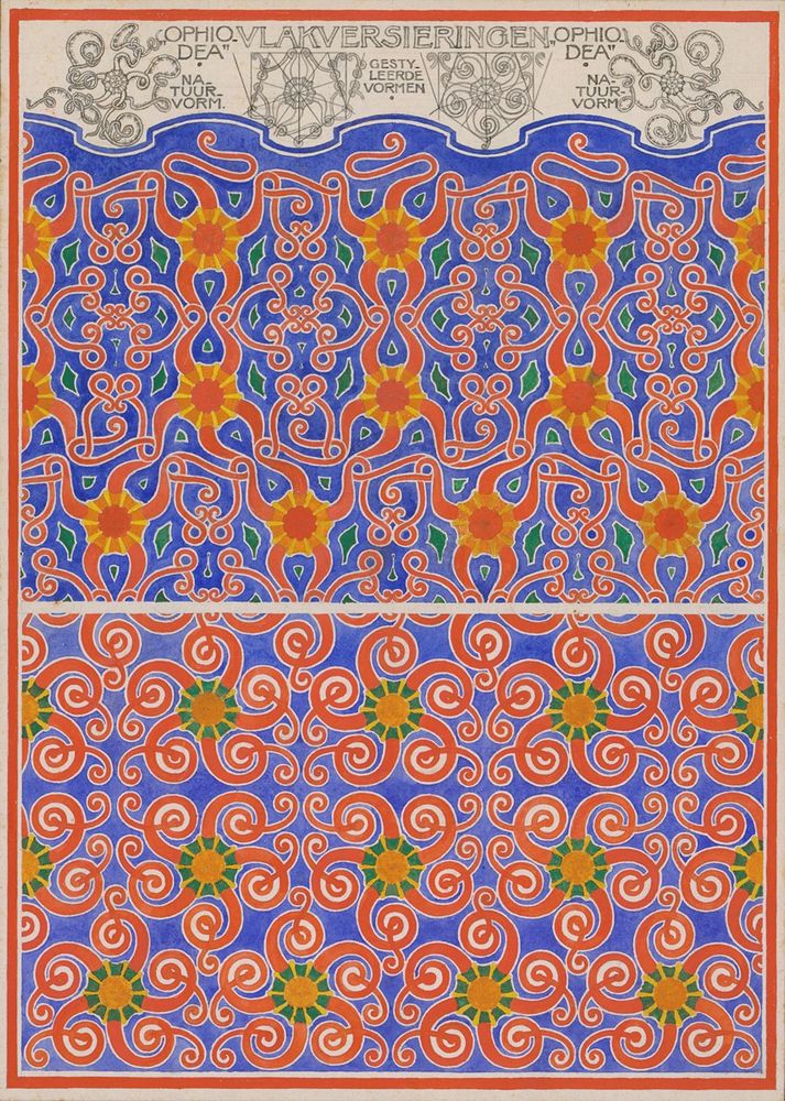 A colorful pattern in bright blues and oranges and reds mimicking a Haeckel biological drawing.