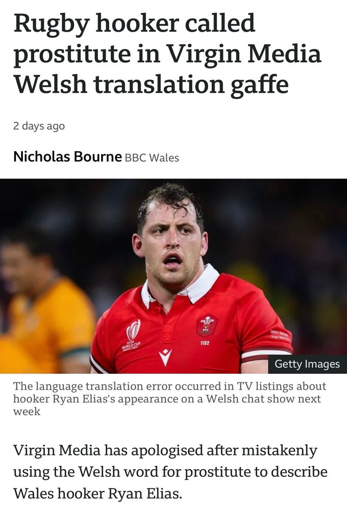 Screenshot of part of a BBC News article titled "Rugby hooker called prostitute in Virgin Media Welsh translation gaffe" with a photo of a Welsh rugby player in a red jersey during a match. The article summary explains Virgin Media accidentally used the Welsh word for prostitute instead of hooker when describing Wales player Ryan Elias, and has apologised for the error.