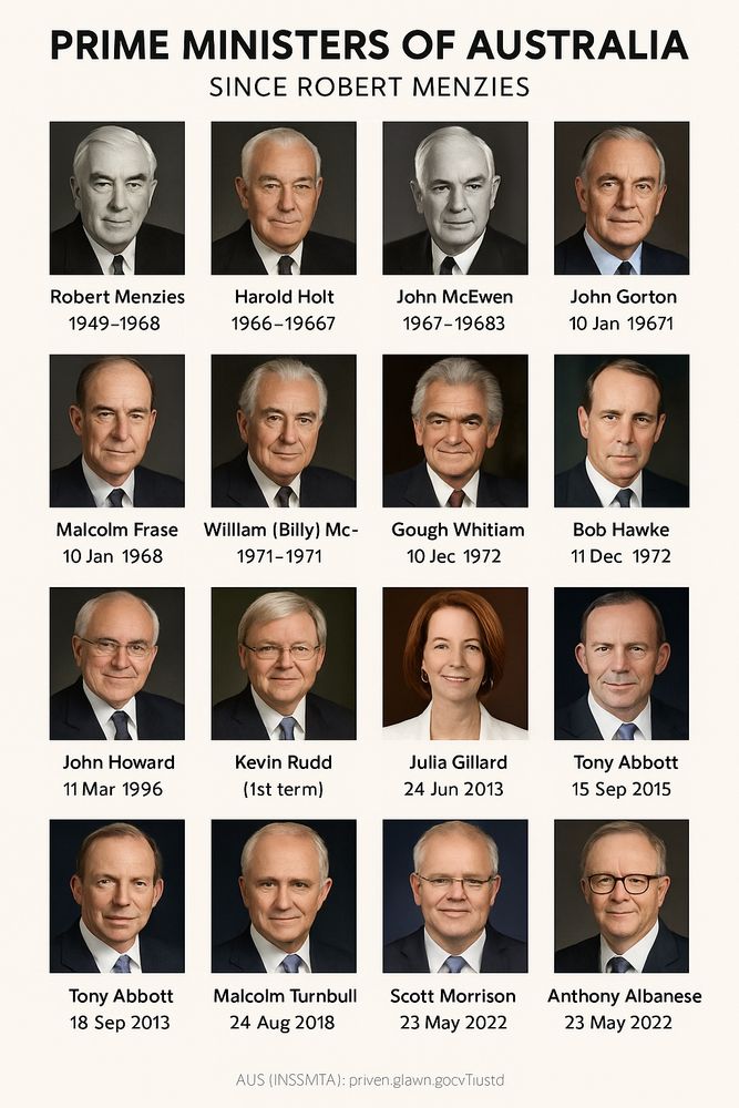 A visual timeline titled "Prime Ministers of Australia Since Robert Menzies" featuring portraits of Australian Prime Ministers from 1949 to the present. Each portrait includes the leader's name and term dates. The sequence starts with Robert Menzies (1949–1968) and continues through to Anthony Albanese (2022-). Some date entries contain typographical errors, and Tony Abbott appears twice with different dates. The portraits of the prime ministers are also really bad, absolutely incorrect and totally fucked up e.g. Gough Whitlam looks like a Bob Hawke hybrid and Bob Hawke doesn’t even look like Bob Hawke. These images are a clear indication that AI hasn’t quite got it right just yet.