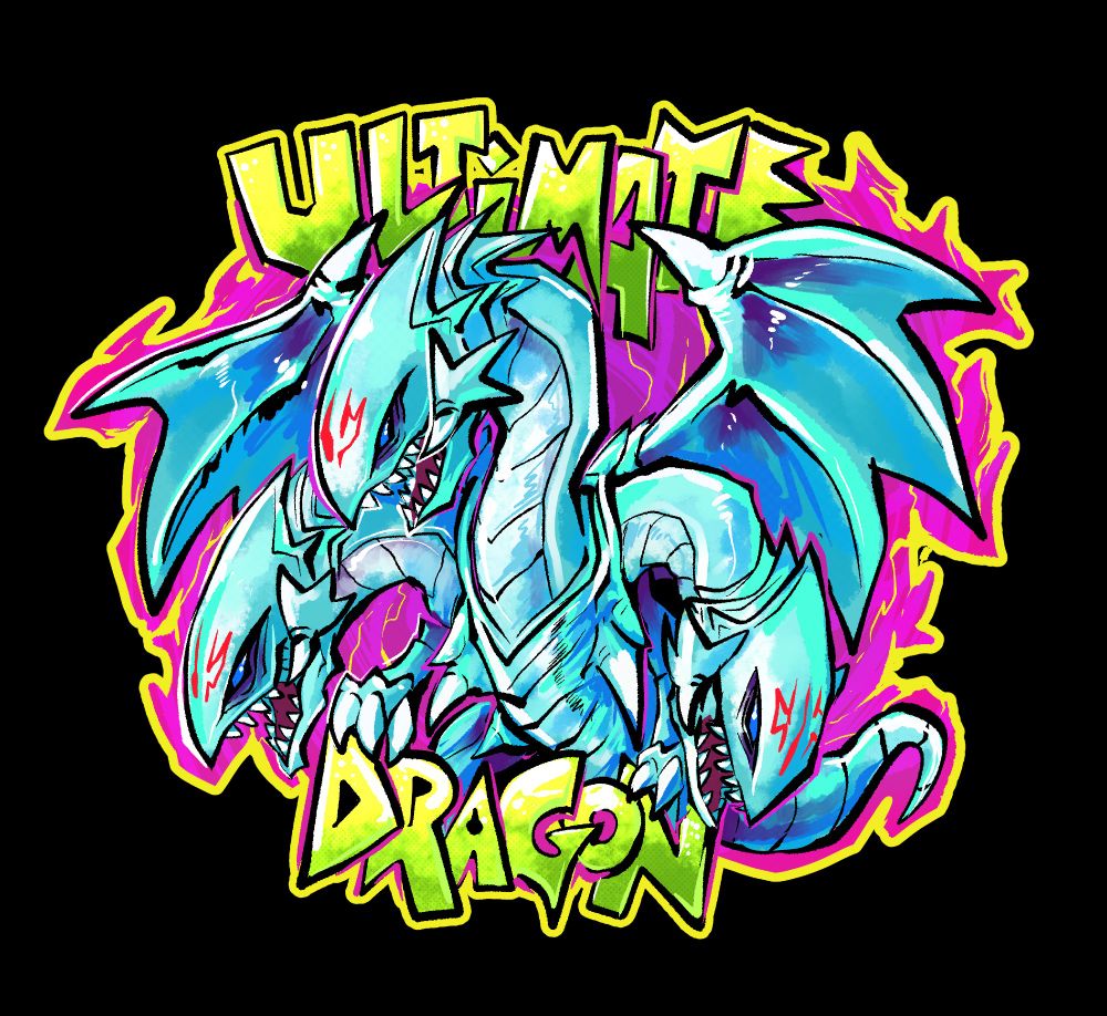 Three headed blue white ish dragon with blue eyes with the phrase ultimate dragon 